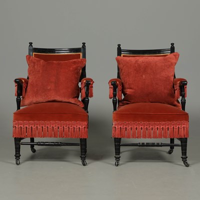 Lot 430 - PAIR OF LATE VICTORIAN EBONISED ARMCHAIRS (2)