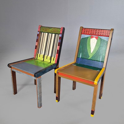 Lot 727 - TWO PAINTED CHAIRS, WEST HAM WOODS AND SMOKERS BOW BY RILEY CHAMBERS 2024