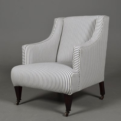 Lot 341 - EDWARDIAN OAK ARMCHAIR IN BLUE AND WHITE TICKING