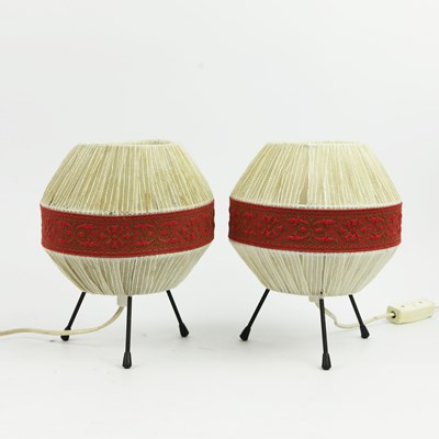 Lot 146 - PAIR OF 1960s DANISH TRIPOD TABLE LAMPS WITH WOVEN SHADES