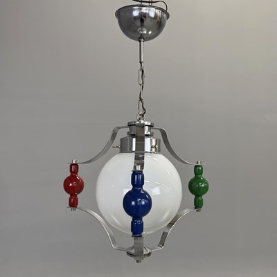 Lot 728 - 1960s ITALIAN PAINTED WOOD AND CHROME PENDANT LIGHT WITH OPALINE GLASS SHADE
