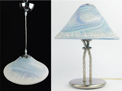 Lot 131 - ITALIAN LA MURRINA METAL TABLE LAMP WITH FROSTED BLUE GLASS SHADE AND MATCHING PENDANT LIGHT