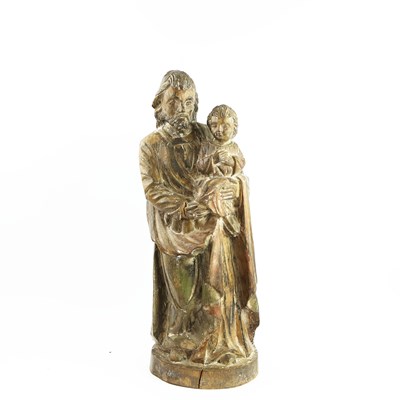 Lot 140 - A GERMAN CARVED WOOD FIGURE OF ST. JOSEPH HOLDING BABY JESUS.