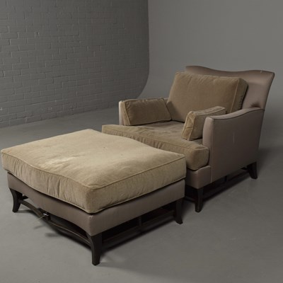 Lot 604 - DONGHIA ARMCHAIR AND FOOTSTOOL IN NEUTRAL UPHOLSTERY