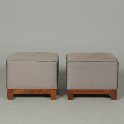 Lot 736 - PAIR OF FOOTSTOOLS IN GREY UPHOLSTERY