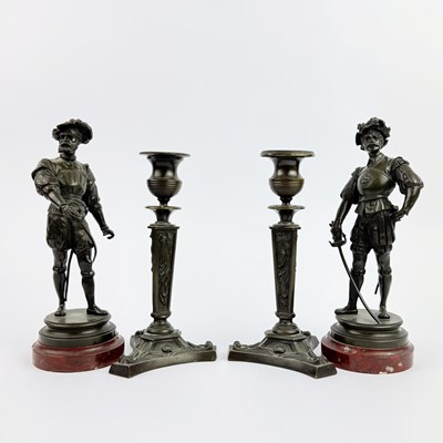 Lot 135 - A PAIR OF 19TH CENTURY BRONZE FIGURES AND A PAIR OF BRONZE AESTHETIC CANDLESTICKS. (4)