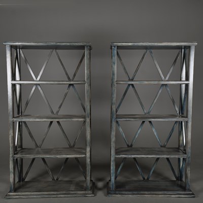 Lot 595 - PAIR OF OPEN SHELVES IN A DISTRESSED BLUE PAINTED FINISH