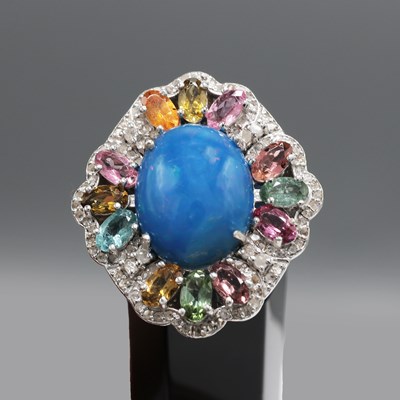 Lot 214 - AN OPAL, TOURMALINE AND DIAMOND SET DRESS RING