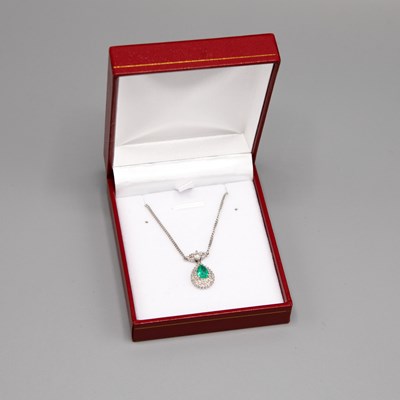 Lot 214 - A PLATINUM EMERALD AND DIAMOND PENDANT NECKLACE