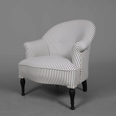 Lot 346 - FRENCH EBONISED BERGERE IN BLUE AND WHITE TICKING