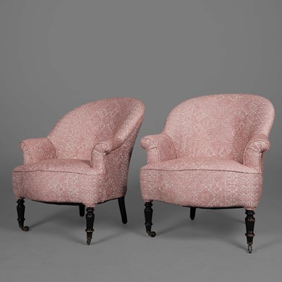 Lot 284 - PAIR OF NAPOLEON III EBONISED BERGERES IN GUY GOODFELLOW FABRIC (2)
