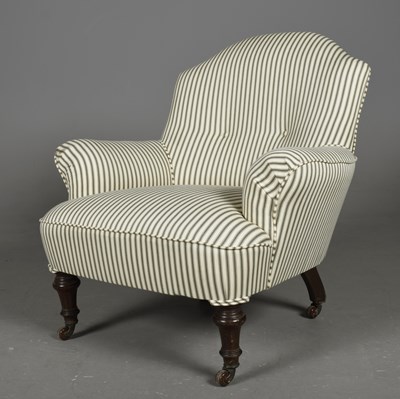 Lot 345 - VICTORIAN WALNUT ARMCHAIR IN GREEN TICKING