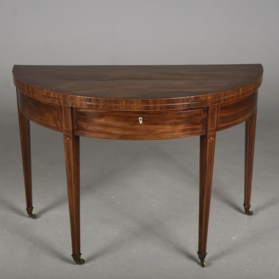 Lot 329 - GEORGE III MAHOGANY AND BOXWOOD STRUNG DEMI LUNE CARD TABLE