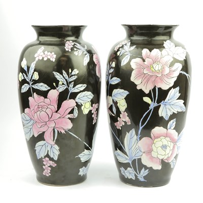 Lot 453 - PAIR OF CHINESE PORCELAIN BLACK AND FLORAL VASES (2)