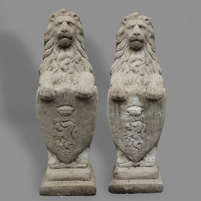 Lot 464 - PAIR OF ARMORIAL LION STATUES (2)