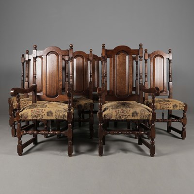 Lot 396 - SET OF TEN JACOBEAN STYLE OAK DINING CHAIRS (10)