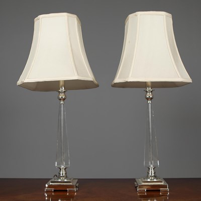 Lot 717 - PAIR OF GLASS AND NICKEL TABLE LAMPS (2).