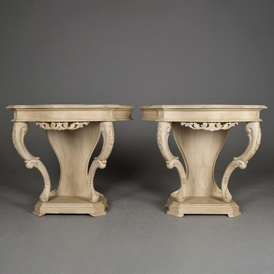 Lot 568 - PAIR OF 19TH CENTURY STYLE PAINTED SERPENTINE CONSOLE TABLES (2).