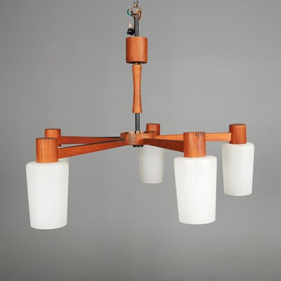 Lot 785 - 1960s DANISH TEAK AND GLASS FIVE ARM CHANDELIER.