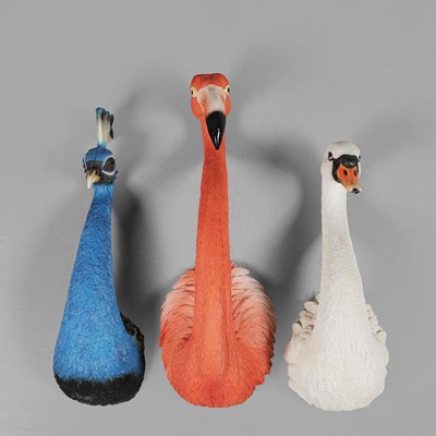 Lot 546 - FAUX STYLISED PEACOCK HEAD, FLAMINGO HEAD, AND SWAN HEAD. (3).
