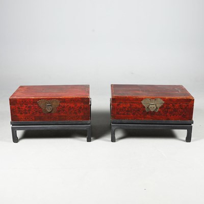 Lot 725 - PAIR OF CHINESE RED LACQUERED TRUNKS.