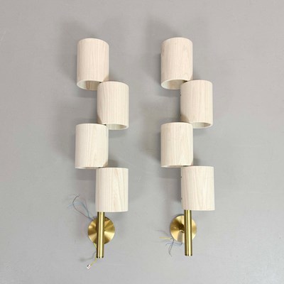 Lot 565 - ALLIED MAKER WOOD TOTEM SCONCES, A PAIR.