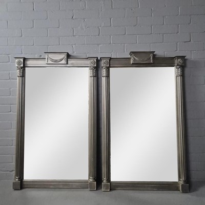 Lot 721 - PAIR OF WALL MIRRORS WITH SILVERED FRAMES AND DISTRESSED EFFECT MIRROR PLATES.