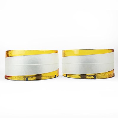 Lot 676 - PAIR OF ITALIAN RADIUS MAZZEGA MURANO CURVED GLASS WALL LIGHTS IN FROSTED AND AMBER GLASS.