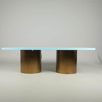 Lot 485 - JULIAN CHICHESTER ISLAND TABLE TOP WITH 2 DRUM TABLE BASES.
