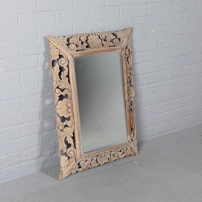 Lot 844 - INDIAN CARVED WOOD WALL MIRROR.