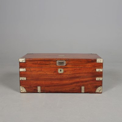 Lot 554 - 19TH CENTURY CAMPHORWOOD AND BRASS BOUND TRUNK.