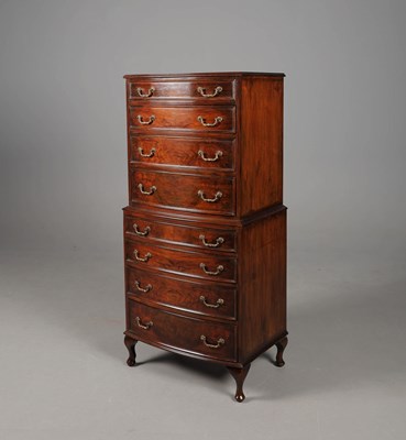 Lot 301 - GEORGIAN STYLE WALNUT BOWFRONT TALLBOY.