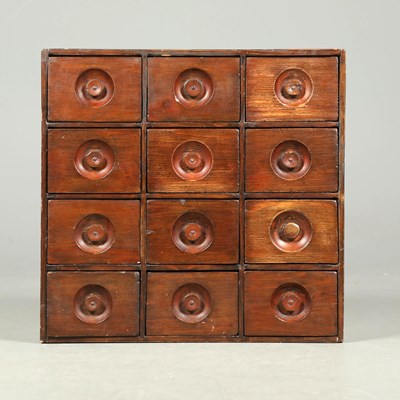 Lot 832 - APOTHECARY STAINED PINE CABINET.