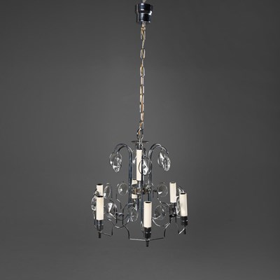 Lot 759 - 1980s ITALIAN SCIOLARI CHROME AND GLASS DROP CHANDELIER.