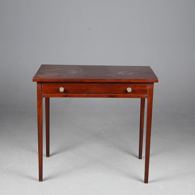 Lot 628 - 19TH CENTURY MAHOGANY AND BOXWOOD STRUNG WRITING TABLE.