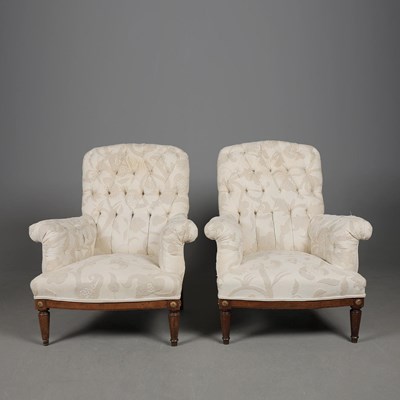 Lot 630 - PAIR OF FRENCH MAHOGANY, THUYA AND BRASS MOUNTED BERGERES (2).