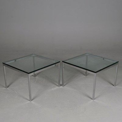Lot 683 - PAIR OF GLASS AND CHROME SIDE TABLES.