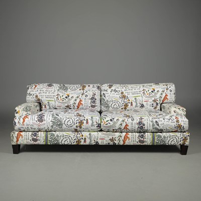 Lot 553 - ARDMORE WHITE VELVET LOVE STORY FABRIC UPHOLSTERED SOFA.