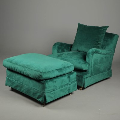 Lot 690 - ARMCHAIR IN GREEN VELVET UPHOLSTERY WITH MATCHING FOOTSTOOL.