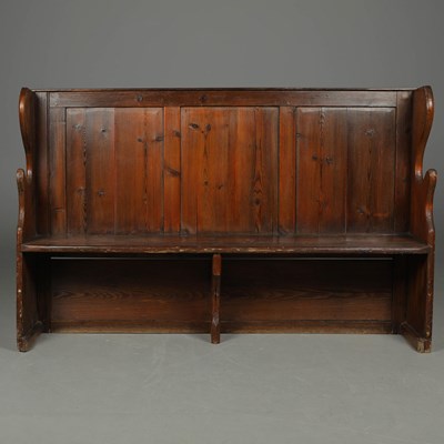 Lot 827 - VINTAGE PEW IN PINE WITH PANELLED BACK.