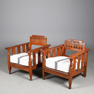Lot 748 - PAIR OF OAK ARMCHAIRS WITH CUSHION SEATS.
