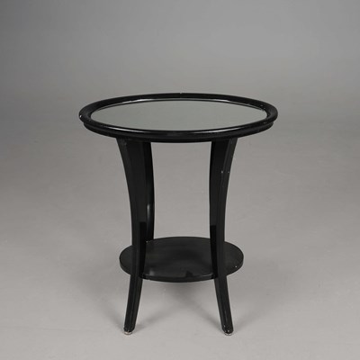 Lot 845 - BLACK PAINTED SIDE TABLE WITH MIRRORED GLASS TOP.