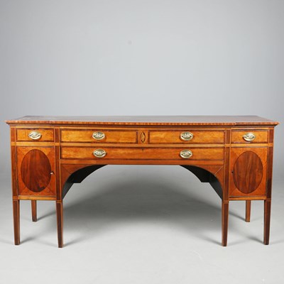 Lot 285 - LATE 19TH CENTURY MAHOGANY AND SATINWOOD BREAKFRONT SIDEBOARD.