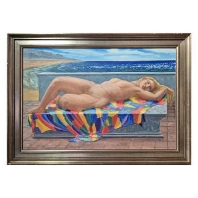 Lot 33 - FRANCES STAINTON (BRITISH 1935-2025). YOUNG WOMAN LAYING UPON A DAIS BY THE SEA.