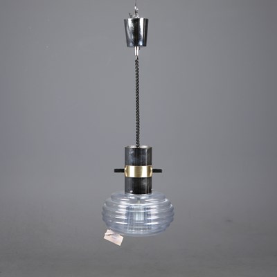 Lot 752 - 1970s ITALIAN CHROME AND BRASS PENDANT LIGHT WITH RIBBED GLASS SHADE