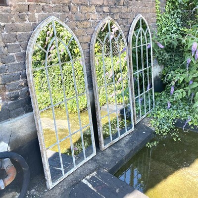Lot 310 - SET OF THREE ARCHITECTURAL GARDEN MIRRORS WITH ARCHED METAL FRAMES
