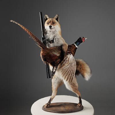 Lot 412 - TAXIDERMY FOX AND PHEASANT 'HUNTER'