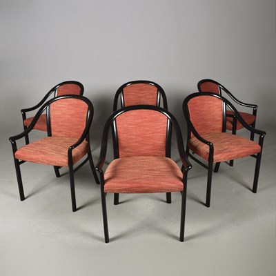 Lot 767 - SET OF SIX DINING CHAIRS WITH BLACK FRAMES AND RED UPHOLSTERY