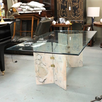 Lot 776 - ITALIAN DINING TABLE WITH MARBLE AND BRASS BASE AND THICK GLASS TOP