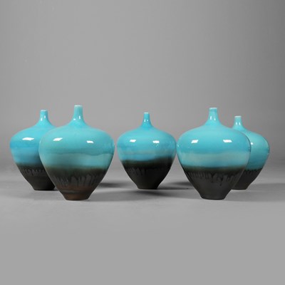 Lot 226 - A COLLECTION OF FIVE BLUE GLAZED CHINESE VASES. (5)